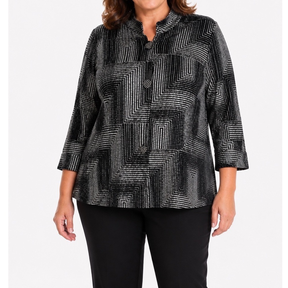 JM Collection Woman Silver Black Metallic Geometric Button Front Jacket 2X